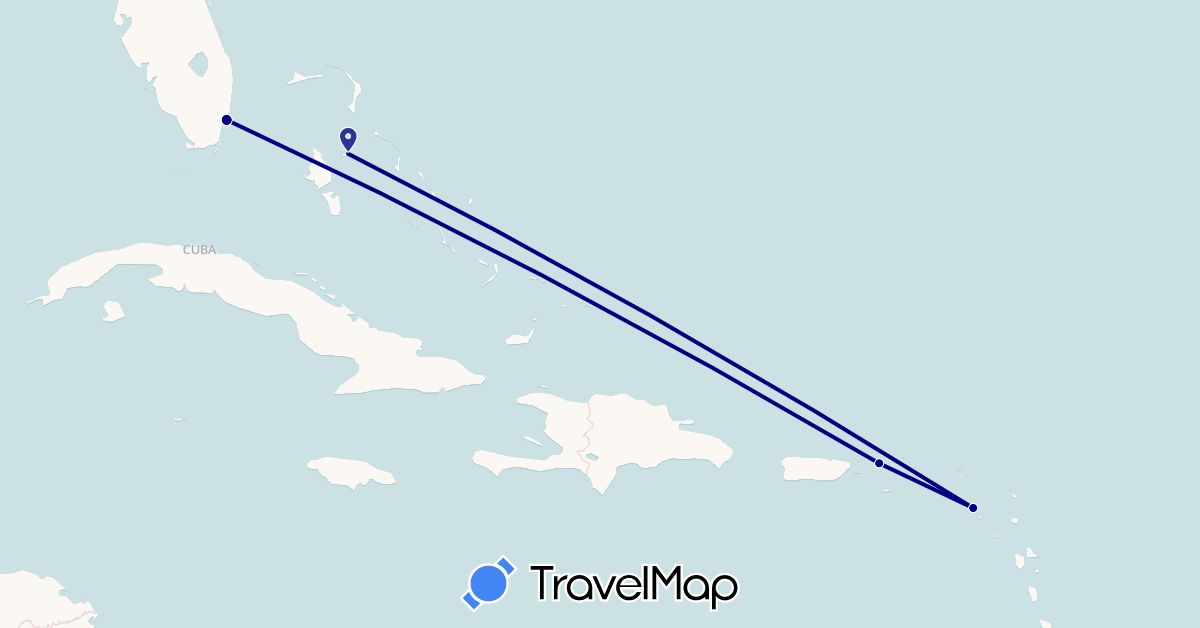 TravelMap itinerary: driving in Bahamas, Saint Kitts and Nevis, United States, U.S. Virgin Islands (North America)